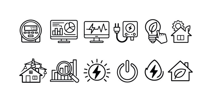 Set of icons representing energy efficiency, smart home, and power management concepts
