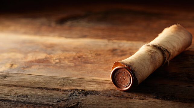 Ancient parchment scroll with wax seal, evoking historical documents on a rustic wooden surface.

