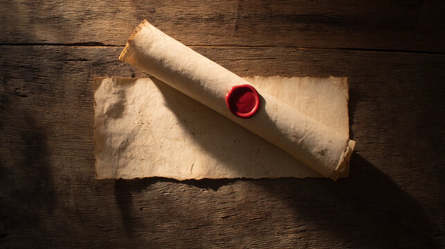 Ancient parchment scroll with wax seal, evoking historical documents on a rustic wooden surface.
