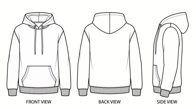 Technical flat sketch of a blank hoodie shown from front back and side views on a white background, representing garment design templates and provides apparel manufacturing specifications