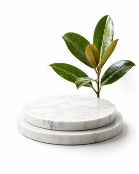round white marble stone podium built from stacked polished discs with one delicate fresh magnolia leaf sprout rising behind the platform on white background luxury skincare display concept