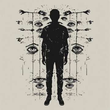 Psychological horror silhouette of a man surrounded by eyes, dark paranoid surrealism illustration

