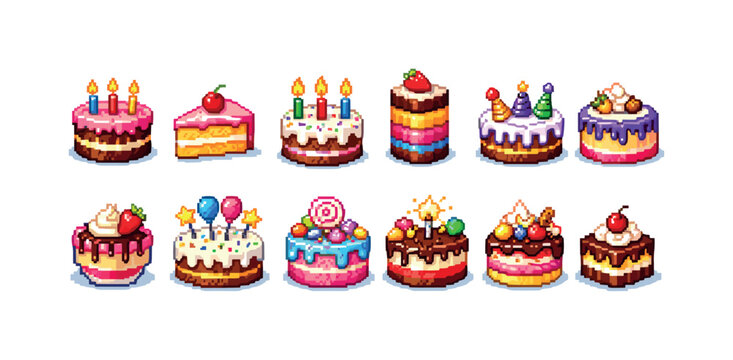 Collection of pixel art cakes and cake slices with various decorations and toppings