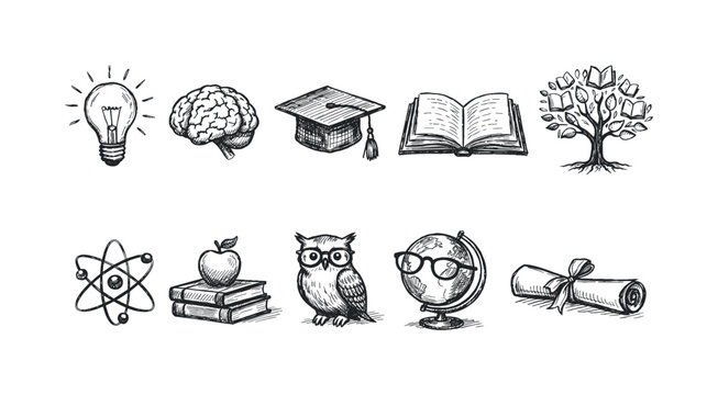 Collection of hand-drawn icons representing knowledge, learning, and education concepts