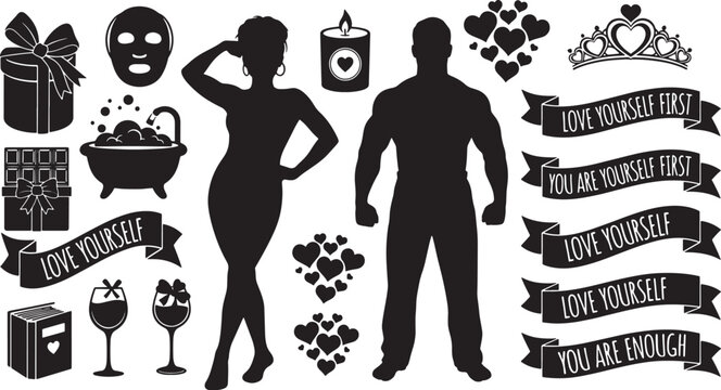 Self care and wellness vector silhouette collection featuring male and female figures with icons for relaxation health and positive affirmations