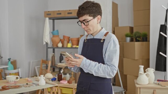 Woman potter wearing apron holds smartphone with both hands and scrolls messages in studio; focused creativity.