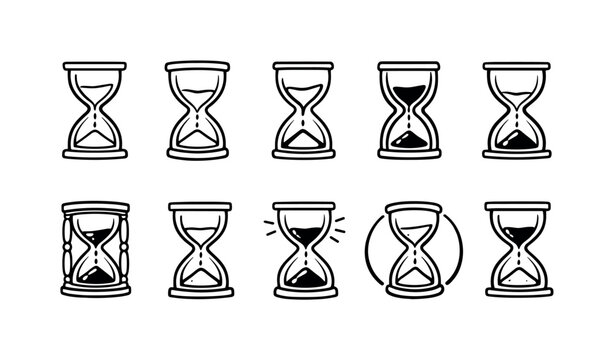 Collection of simple hand-drawn hourglass icons representing time and measurement