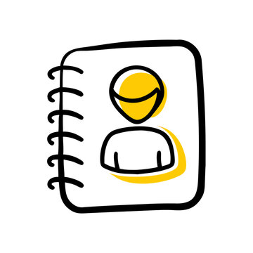 Contact book doodle icon for address and phone number management with yellow highlight art.
