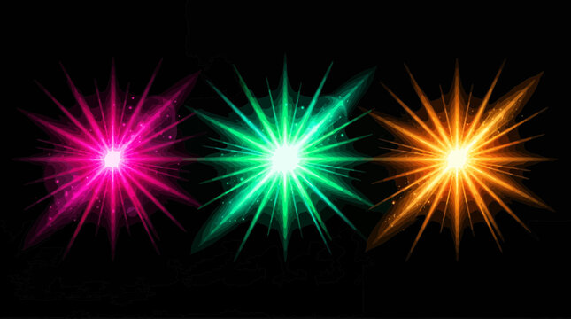 Vibrant set of three glowing starburst symbols in pink green and orange with layered sharp rays on a dark background, Symbolizing energetic visual effects and provides creative elements