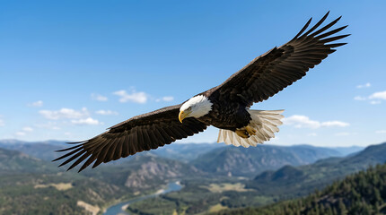 Obraz premium Bald Eagle Soaring Over Mountain Valley and River