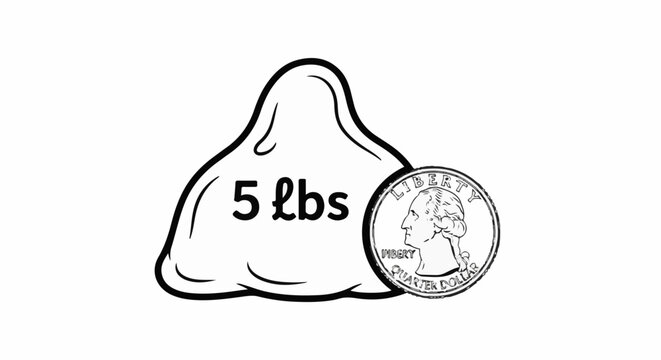 Simple drawing of a bag labeled "5 Lbs" next to a quarter coin