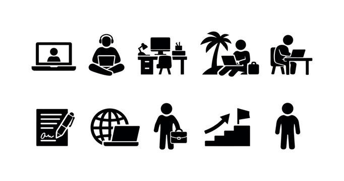 Collection of icons representing remote work, business, and career progression