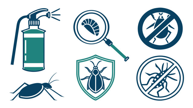 Set of pest control icons with sprayer, insects and prohibition signs, world pest day concept protection and extermination illustration