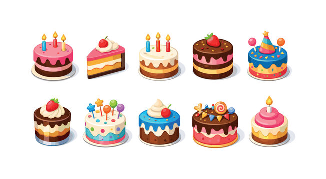 Collection of colorful and decorative birthday cakes with candles and toppings