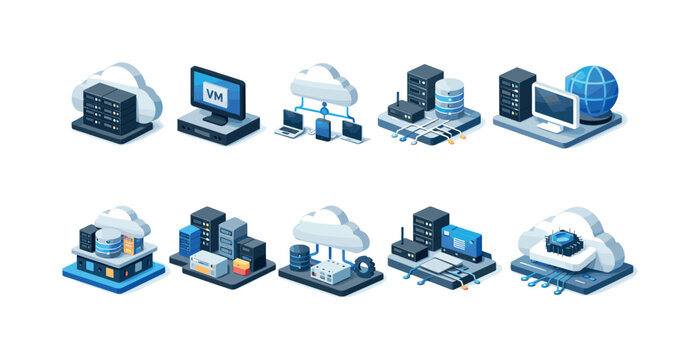 Isometric cloud computing and network infrastructure icons for digital services