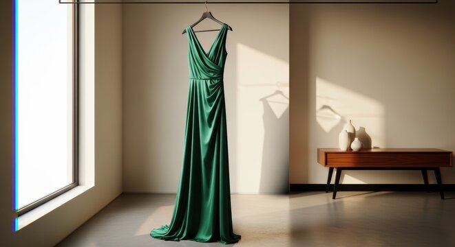 Elegant emerald green evening gown hanging in minimalist room, luxury silk bridesmaid dress, sophisticated formal fashion apparel for gala