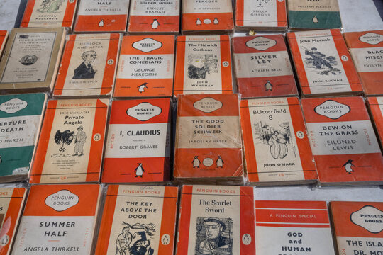 A selection of second hand Penguin classic books for sale at the Southbank Book Market 
located under Waterloo Bridge on Queen's Walk beside the River Thames, London, UK.