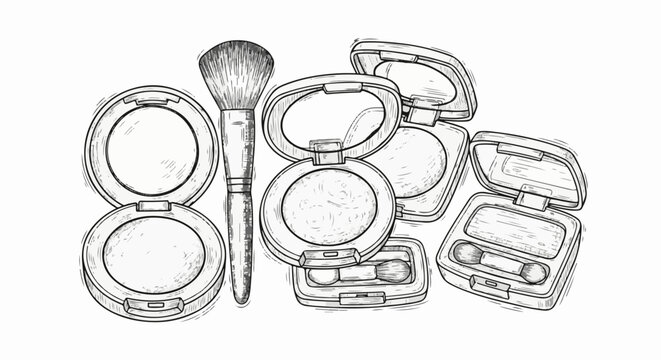 Sketch of makeup brushes and compact powder cases
