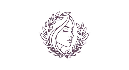 Obraz premium A minimalist line drawing of a serene woman's face surrounded by lush leaves and foliage in a circular frame.