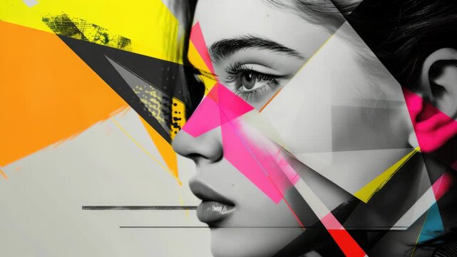 A woman's face in profile with colorful abstract shapes and streaks surrounding her head and shoulders, creating a vibrant and modern look.