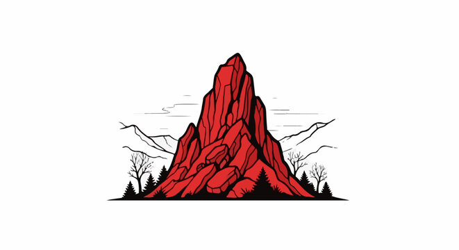 Striking red rock formation dominates a stark landscape with bare trees