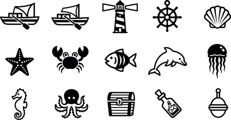 Nautical sailboat, lighthouse, ship wheel, shell, starfish, crab, fish, dolphin, jellyfish, seahorse, octopus © GR Graphics