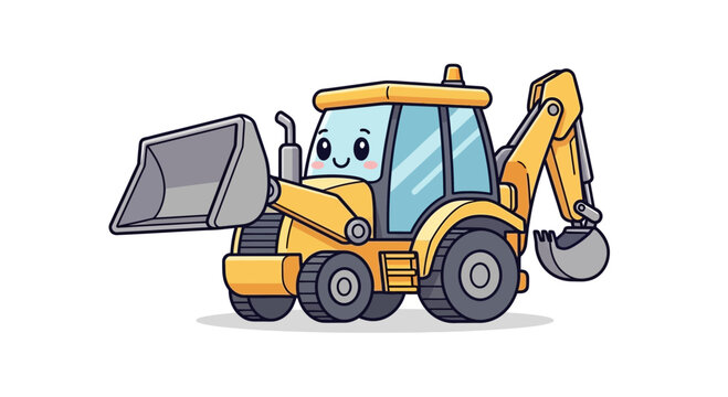 A cartoon backhoe loader with a smiling face is operating outdoors in a construction site.