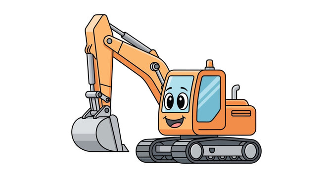 A cartoon excavator with a smiling face is digging at a construction site outdoors.