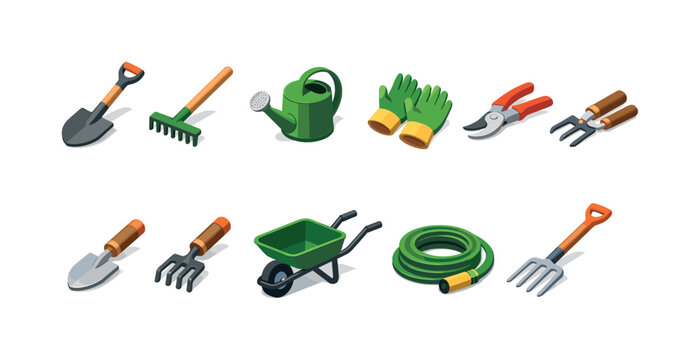 Collection of isometric gardening tools and equipment for outdoor work
