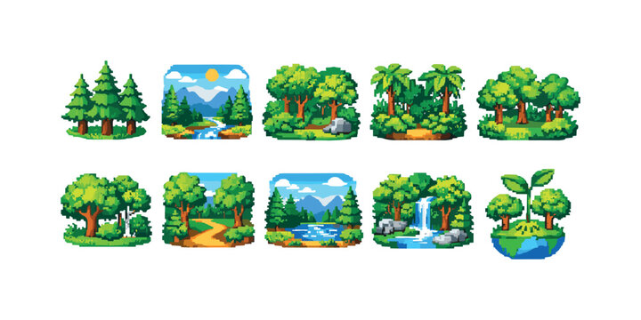 Collection of pixel art nature scenes with trees, forests, and water elements