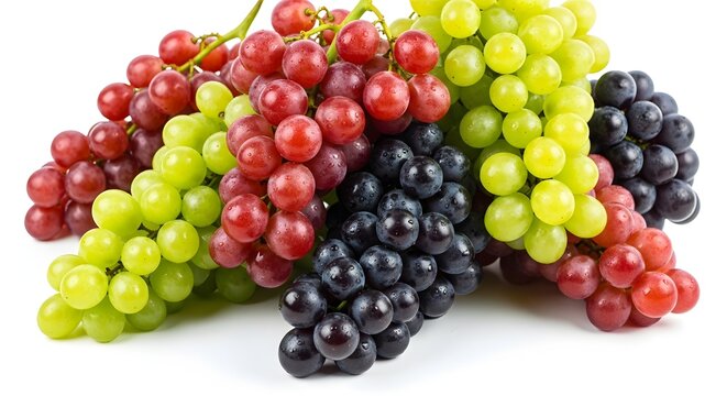 Tumpukan buah anggur segar beraneka warna merah hijau dan hitam di atas latar putih