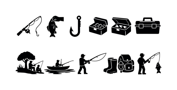 Fishing icons and silhouettes depicting various angling activities and equipment