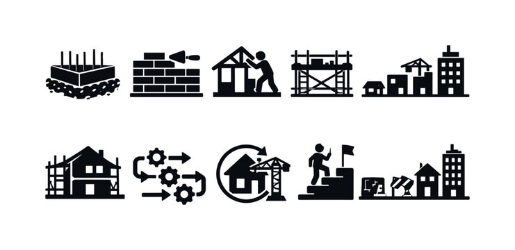 Construction process icons showing building stages from foundation to completion