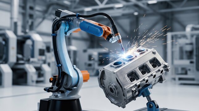 Industrial robotic arm performing precision welding on metal engine block in automated factory production line, sparks flying during manufacturing process showcasing advanced