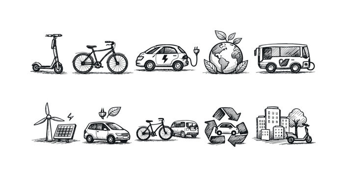 Eco-friendly transportation icons: electric scooter, bicycle, car, and planet