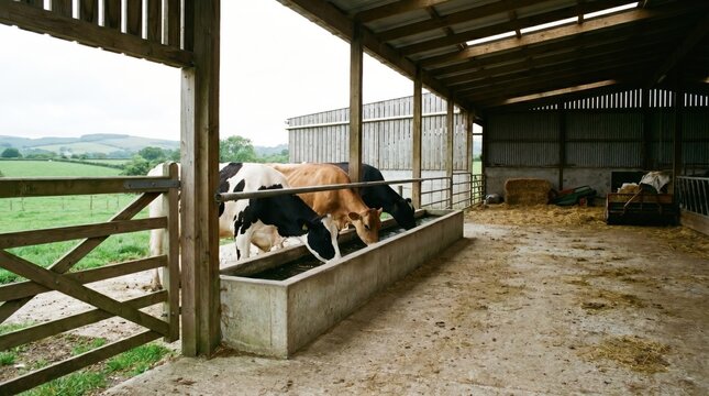 Cows eating hay from a trough inside a rustic barn on a rural farm.