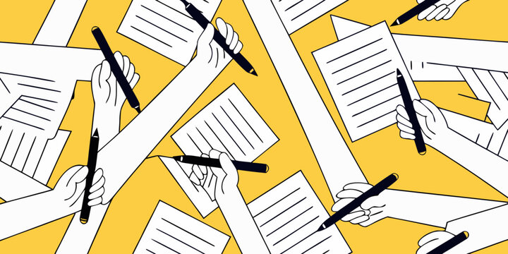 Hands writing with pens on paper repeating pattern vector illustration