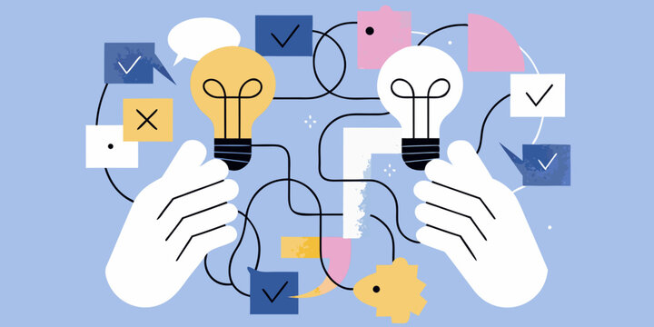 Hands holding light bulbs with check marks and abstract shapes