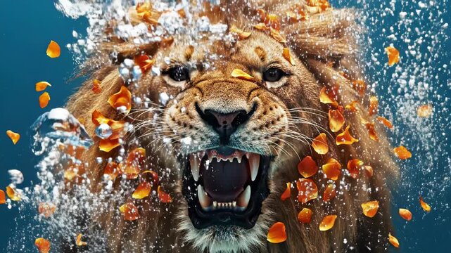 Roaring lion underwater with splashing water and orange petals