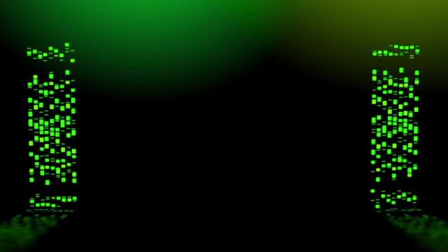 Abstract digital animation of green block structures forming and dissolving in motion