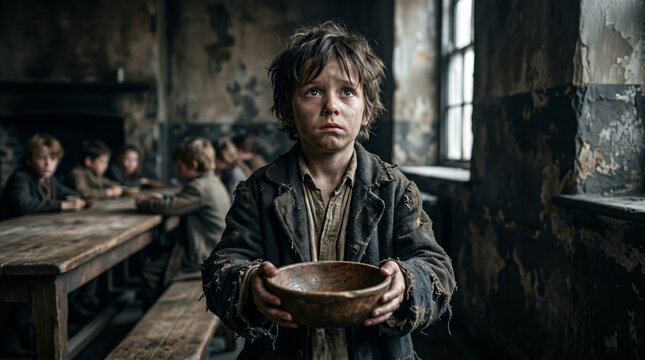 Ragged Victorian Workhouse Boy Holding Empty Bowl, Oliver Twist Asking For More Dickensian Poverty Concept