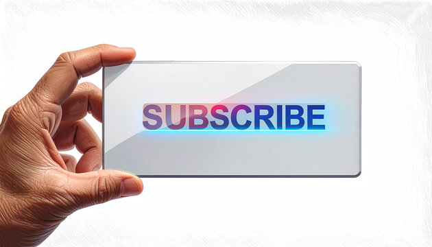 Hand holding a smartphone displaying a glowing subscribe button with neon blue and pink light