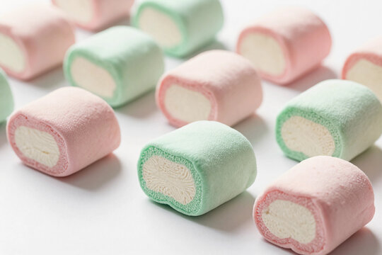 Pastel marshmallows roll in soft pink and mint green hues.