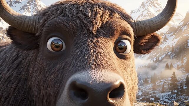  Yak Cartoon Closeup of a majestic bison with detailed fur and large horns in a scenic mountain landscape
