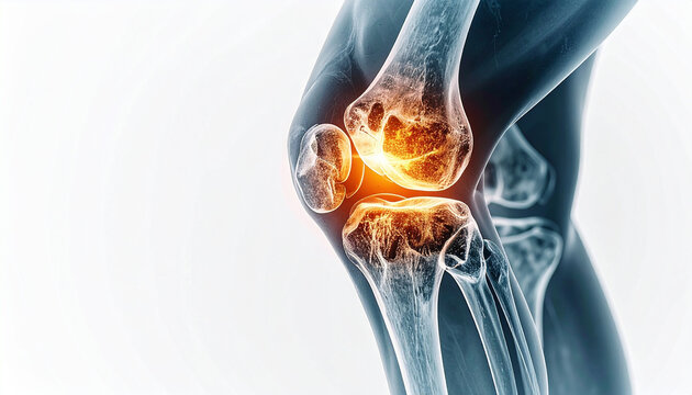 Knee joint pain and inflammation visualized with intense orange and yellow glow