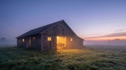 Obraz premium Old rustic barn with warm light glowing at dawn in a misty field.