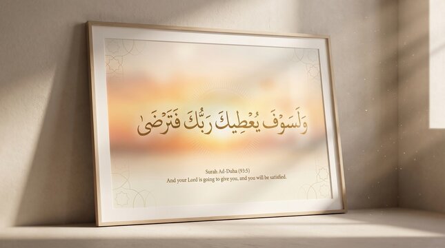 Spiritual Islamic wall art in wooden frame featuring Surah Ad-Duha 93:5. Soft morning sunrise glow on beige wall with gold Arabic calligraphy. Your Lord is going to give you, and you will be satisfied