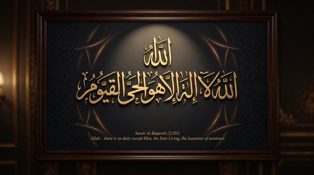High-end minimalist wall art of Ayat al-Kursi, Surah Al-Baqarah 2:255. 3D gold Arabic calligraphy on dark textured background with circular glow. The Throne Verse, Protection and Power