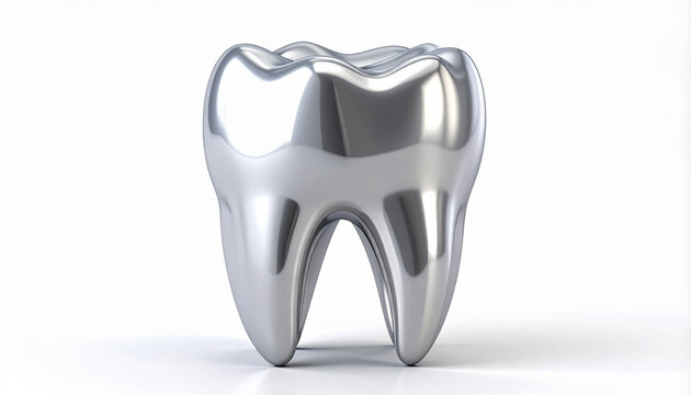 Shiny metallic silver tooth model on a white background