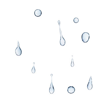 Scattered raindrops of various sizes and shapes with soft blue and grey refraction suspended against a solid white background, serene refreshing water atmosphere